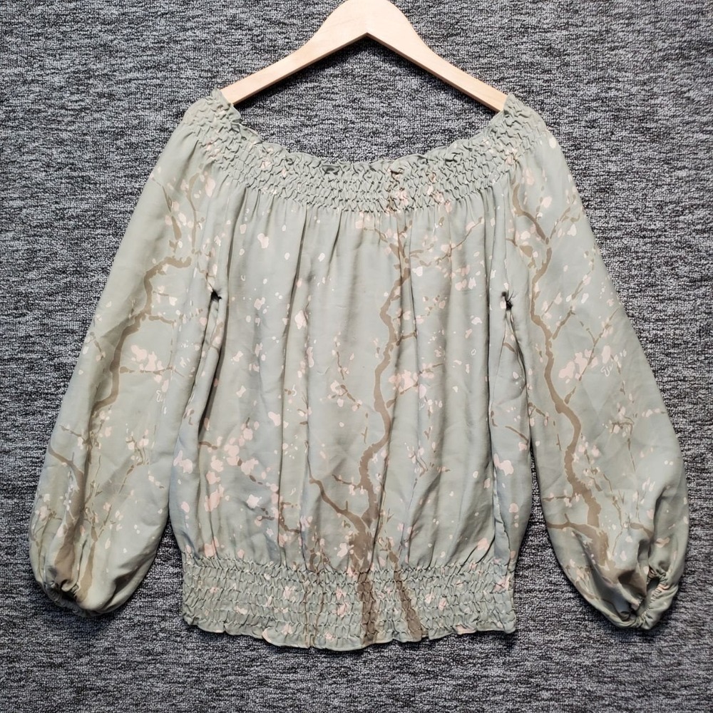 VTG Joie Silk Off The Shoulder Top Petite Sage Green Floral Smocked Blouse